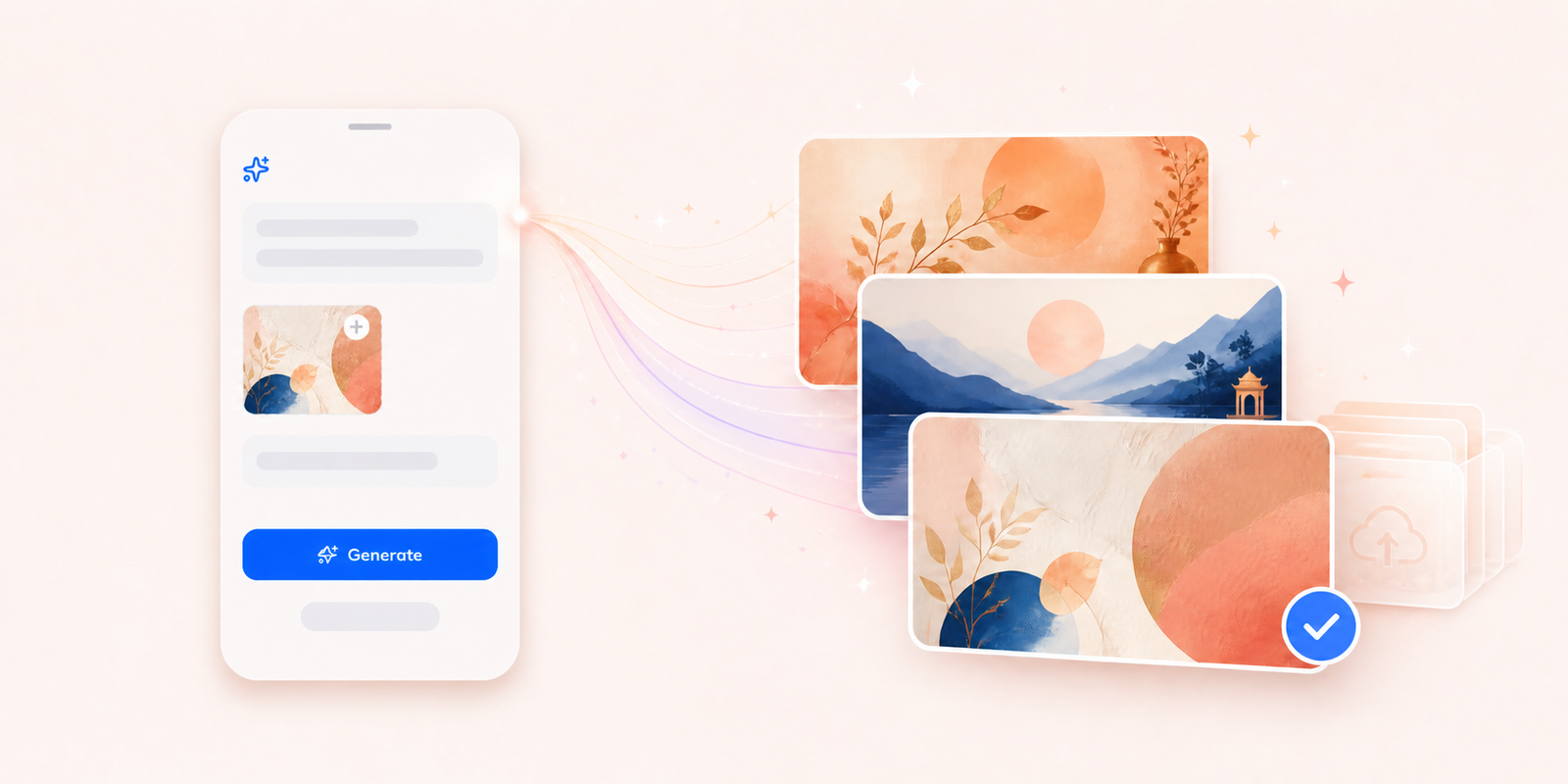 WPMobE app generating AI featured image options from a text prompt