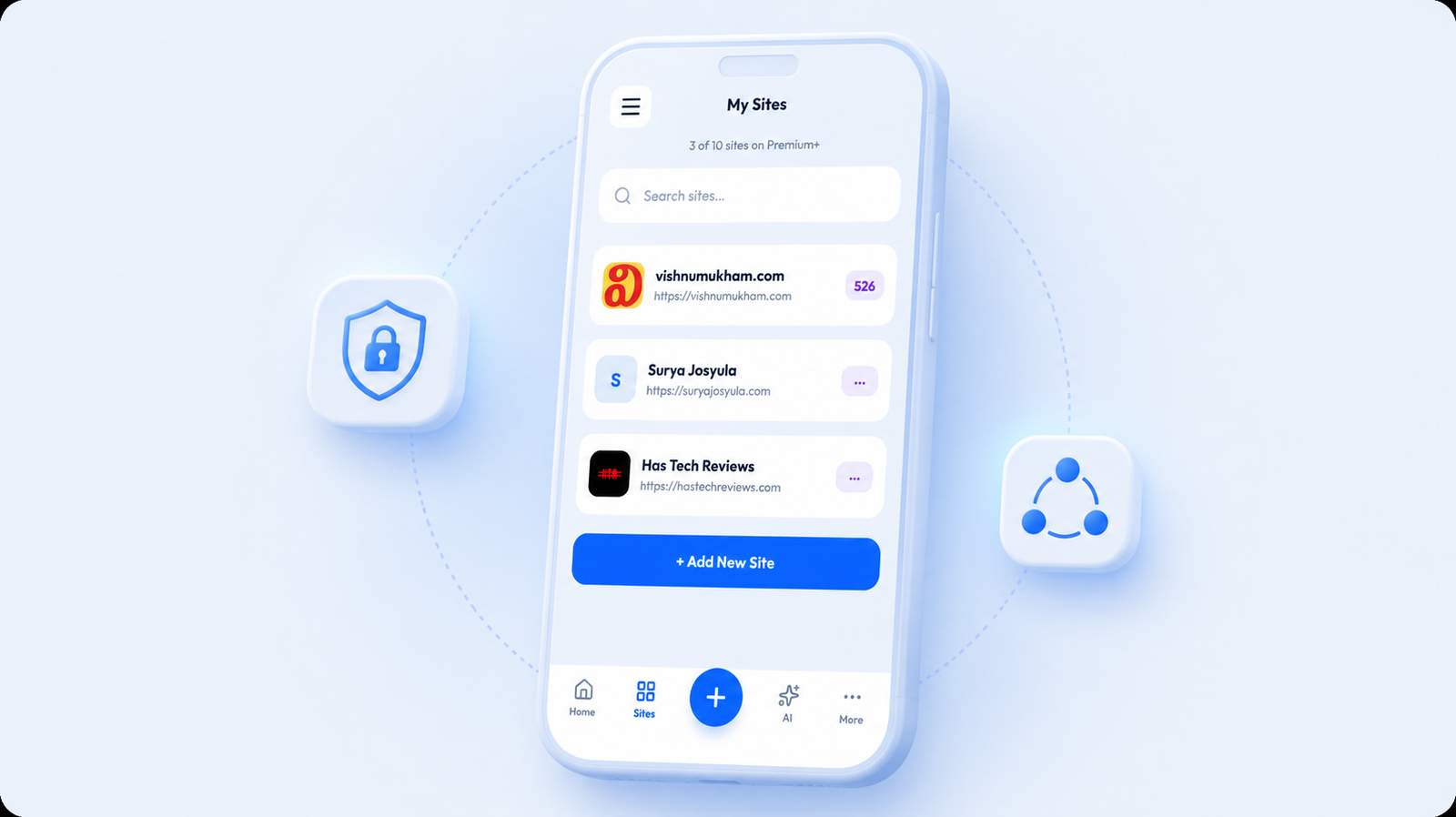 WPMobE app showing multiple connected WordPress sites and a security shield representing encrypted, app-password-only connections